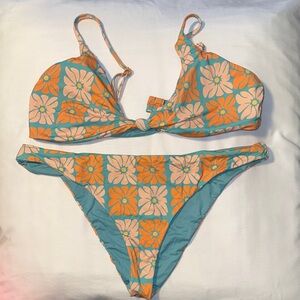 Billabong Teal Bikini with Orange and Cream Daisy Print